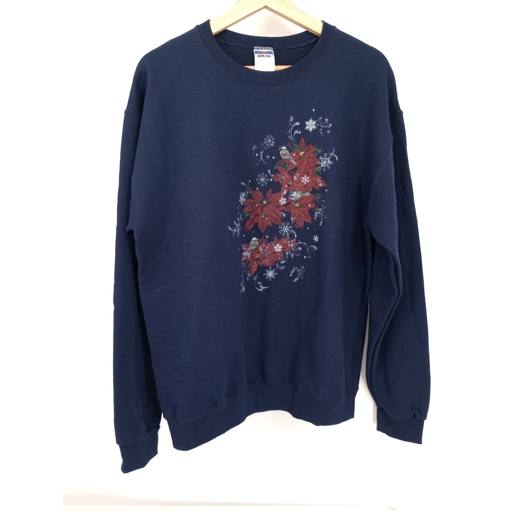 Jerzees Vintage Sweatshirt Womens Medium Navy Blue Poinsettia Grandma Floral